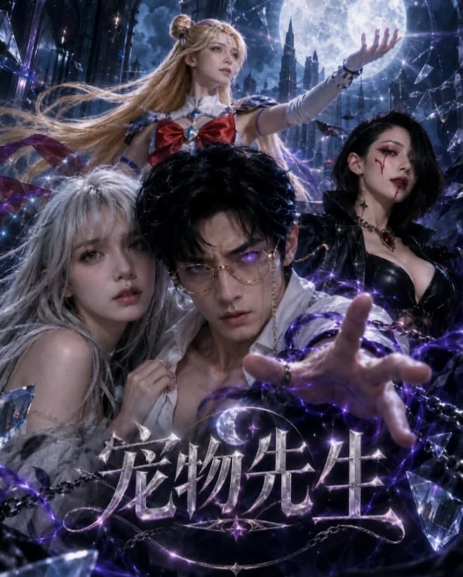 暗色奇幻竖版海报，人物剪影与logo字样的剧照
