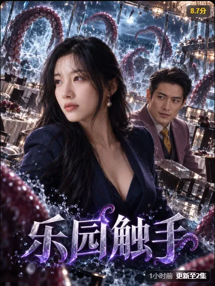古装题材竖版剧集海报，男女主角在幕后对视的剧照